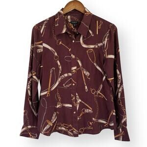 Talbots 100% Silk Equestrian Print Blouse 6 Brown Burgundy Chain Belt Horsebit